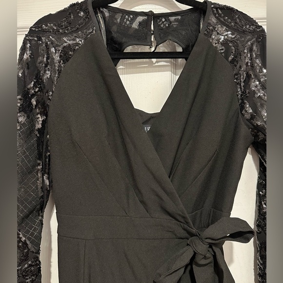 Little Mistress wrap front jumpsuit sequin sleeves. - Picture 8 of 11